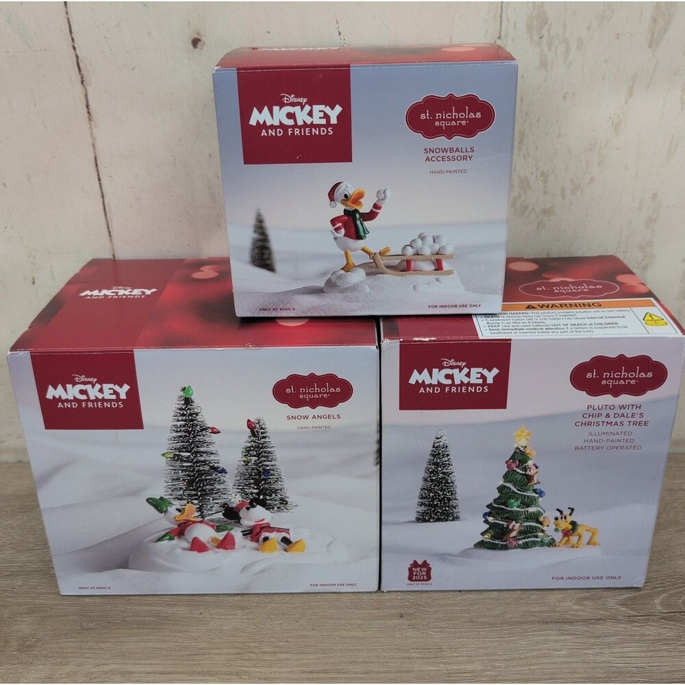 St. Nicholas Square Village Mickey and Friends Christmas Lot of 3 Mickey Pluto